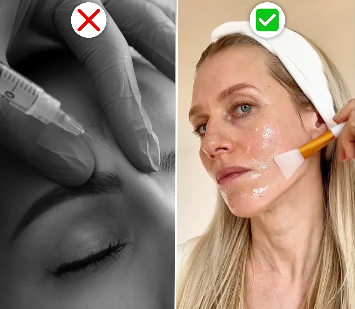 Comparativa: bótox con aguja marcado con una cruz roja frente a una mujer aplicando la mascarilla Auria con una brocha, marcada con un check verde