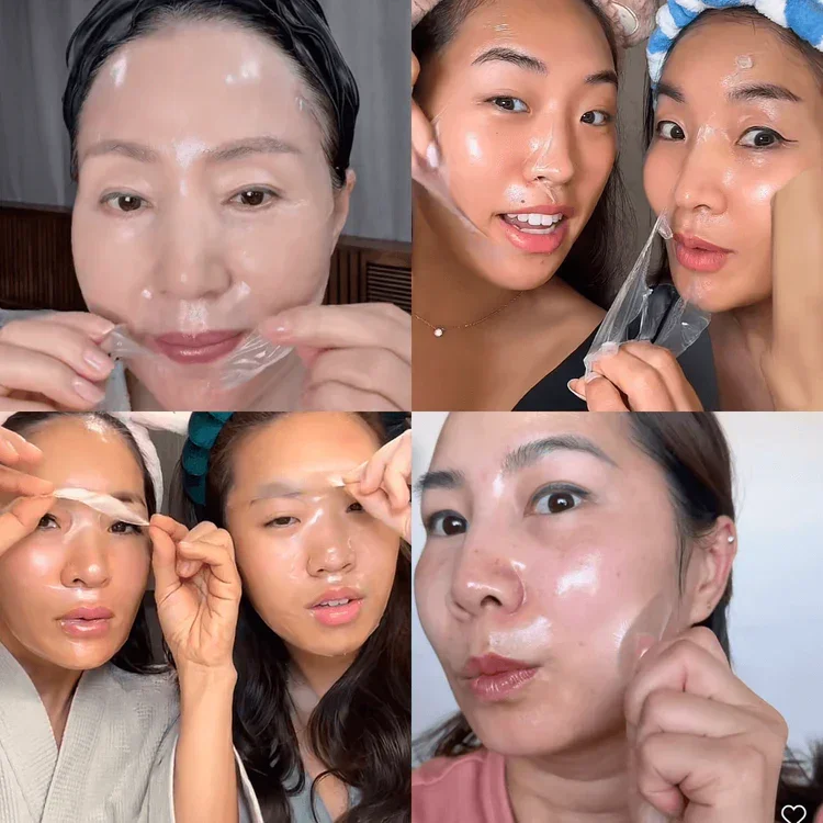 Mujeres coreanas retirando la mascarilla de colágeno transparente